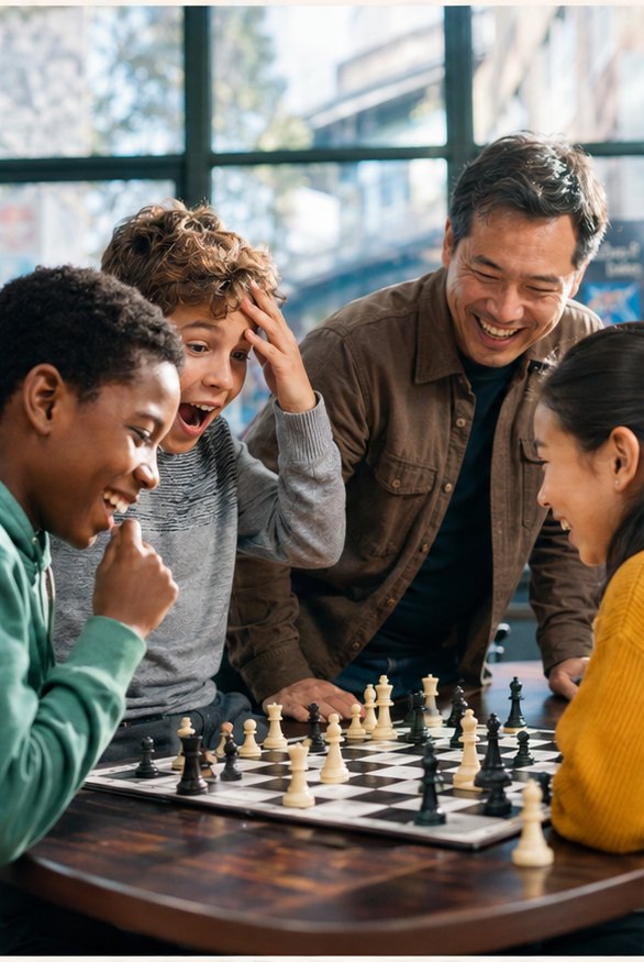 Four friends and an adult leaning over a chess board, mid-game, delighted