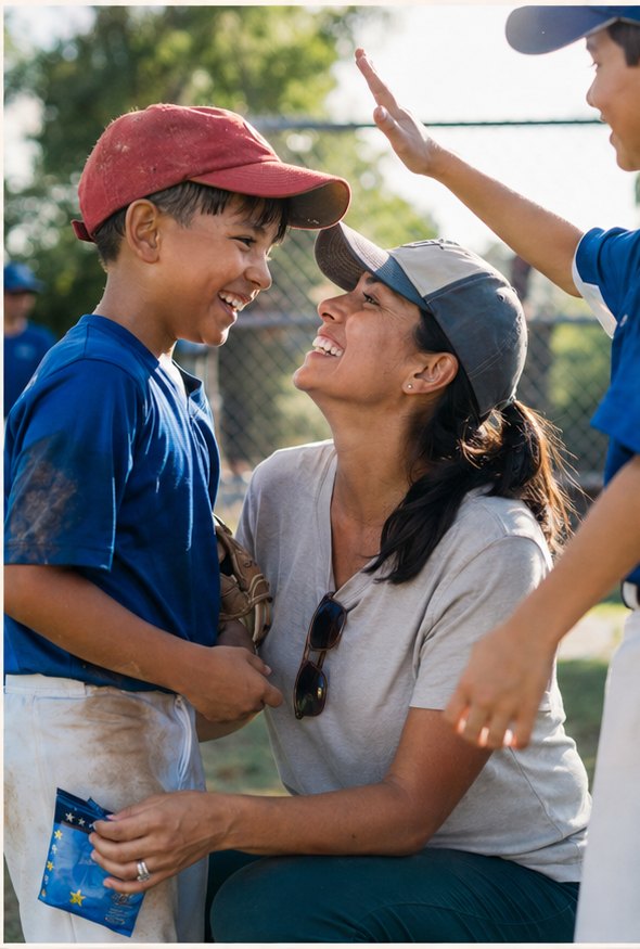 A mother and her son laughing together after a baseball game, teammates behind them