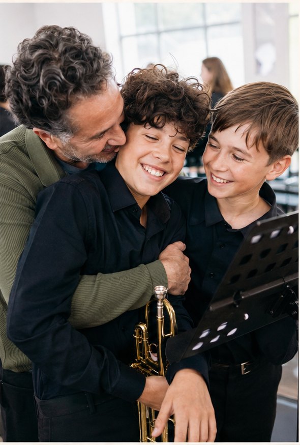 A parent hugging a young musician holding a trumpet, a friend laughing beside them