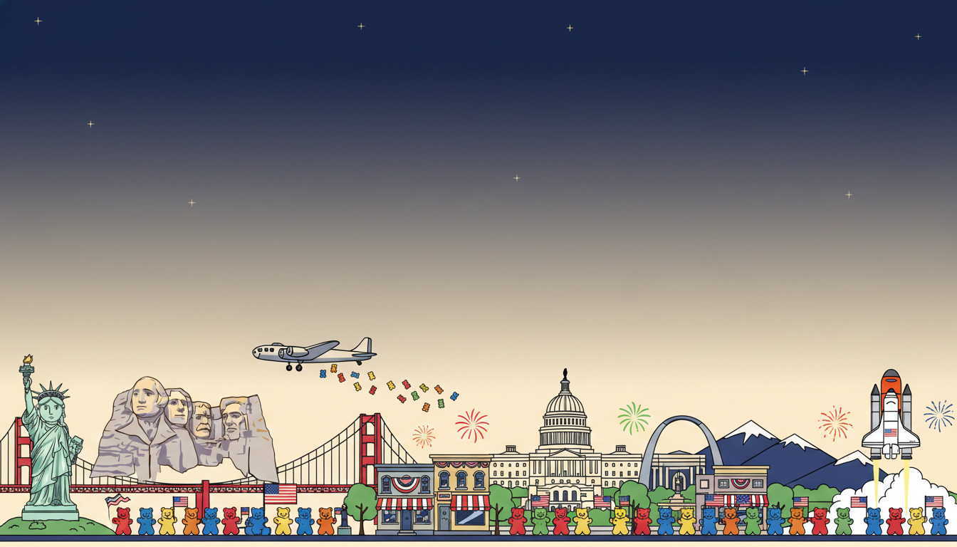 A USA Gummies illustration celebrating America's 250th birthday — gummy bears parading past the Statue of Liberty, Mount Rushmore, the Capitol, the Golden Gate Bridge and Main Street under fireworks